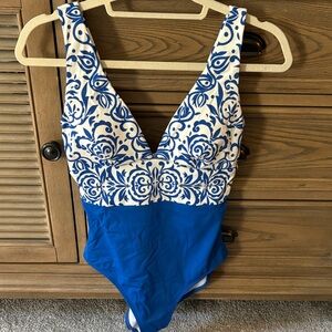 Blue and White One Piece Swimsuit. Boden